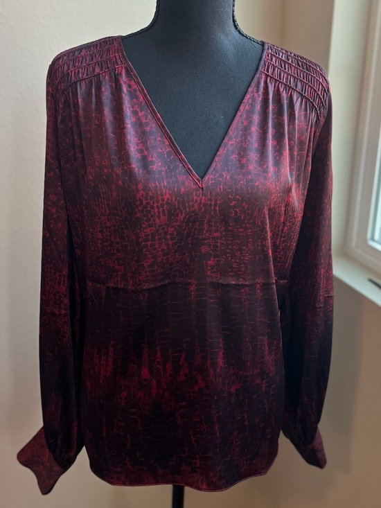 White House Black Market Tops - White House Black Market Deep Red & Black Smocked V-Neck Long Sleeve Blouse Chic